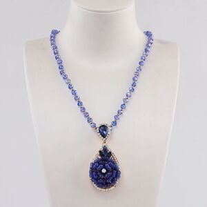 Royal Blue Floral Cat's Eye Teardrop  Crystal Bead Pendant Necklace Goldtone